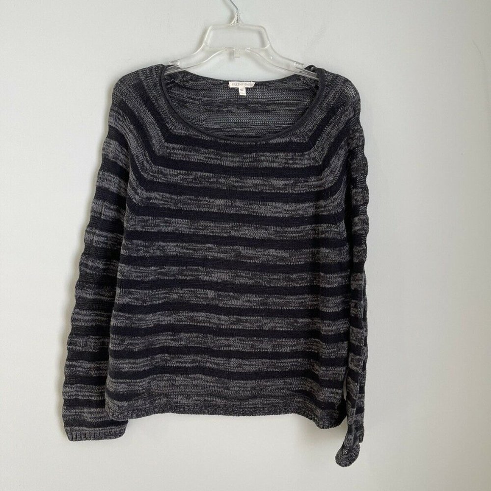 Eileen Fisher Black Gray Striped Pullover Sweater Organic Cotton